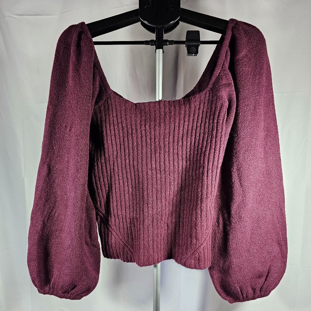 Halogen Womens Burgundy Puff Sleeve Square Neck Wool Blend Sweater Size S NWT